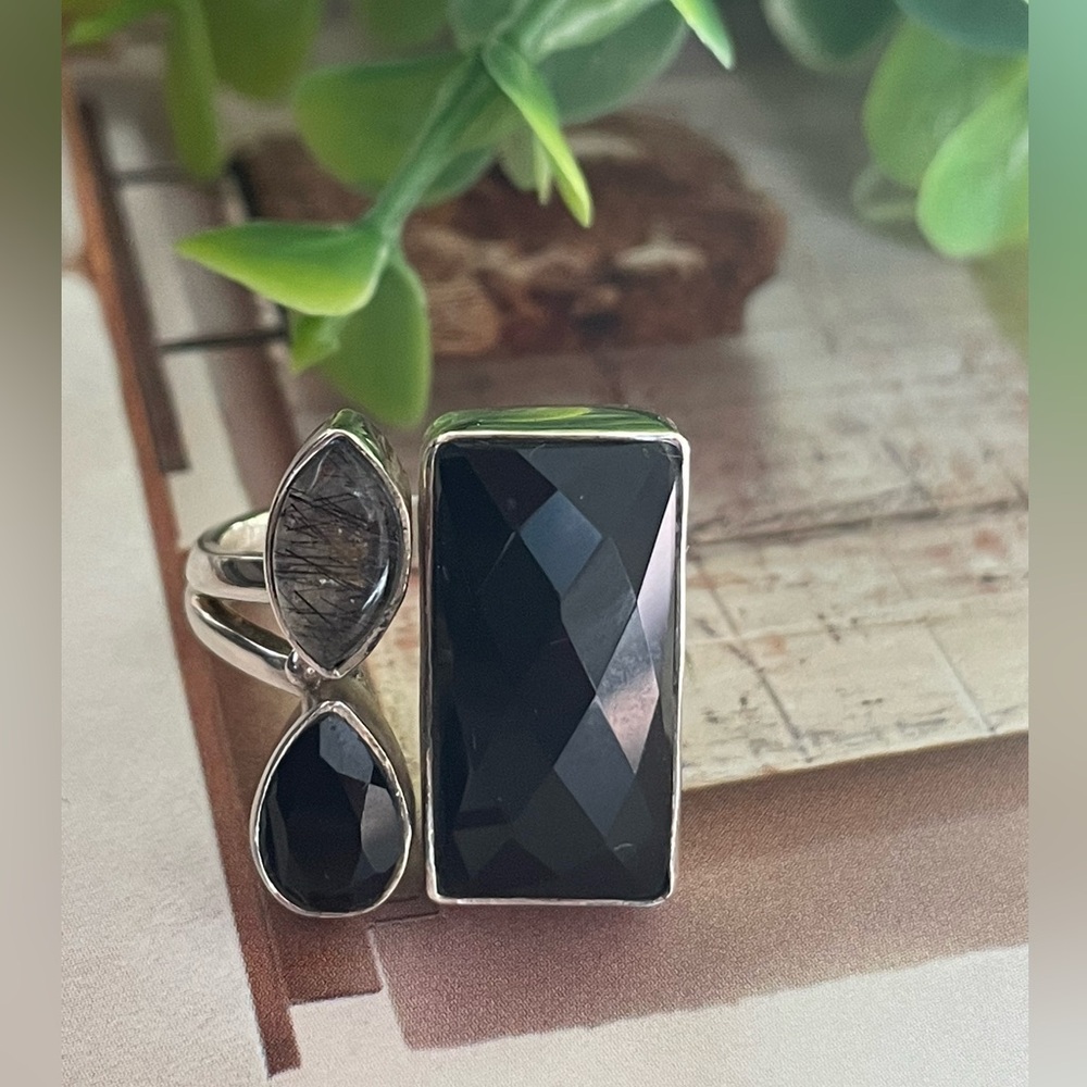 Ring Black Onyx multi stone statement Ring in 925 Sterling silver (US 7 and up) - Picture 7 of 12